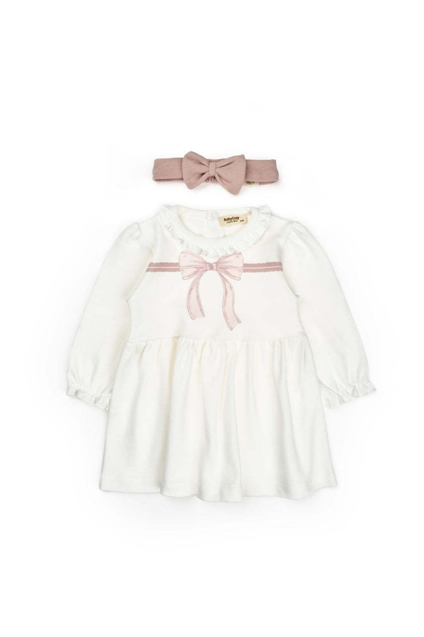 Set rochita cu bentita, Bow, BabyCosy, 100%bumbac organic, Powder