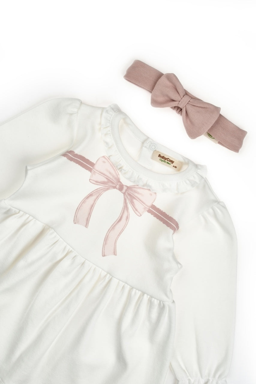 Set rochita cu bentita, Bow, BabyCosy, 100%bumbac organic, Powder