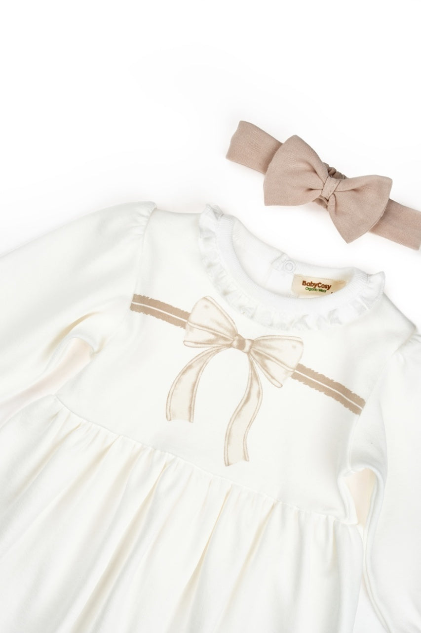 Set rochita cu bentita, Bow, BabyCosy, 100%bumbac organic, Stone