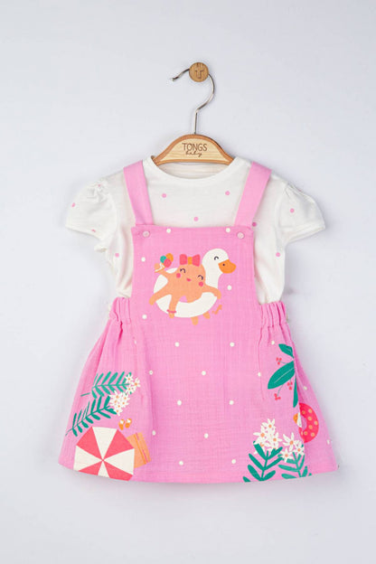 Set rochita din muselina cu tricou cu bulinute pentru fetite, Tongs baby
