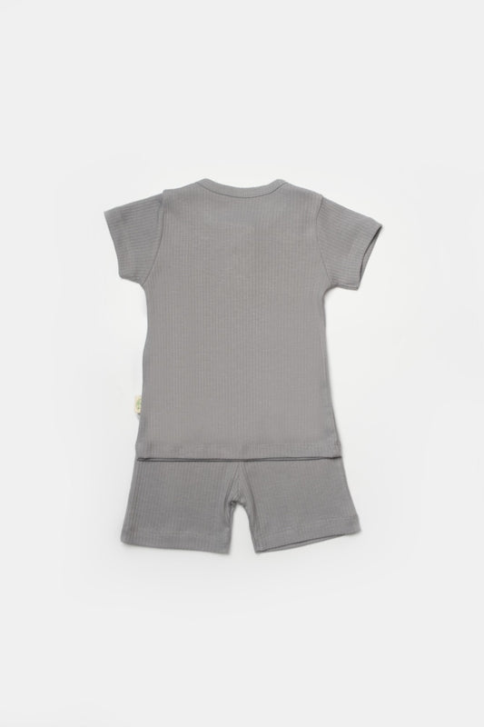 Set tricou cu pantaloni Bamboo, gri, BabyCosy, 50%bumbac+50% bambus - Pantaloni scurti, Tricou