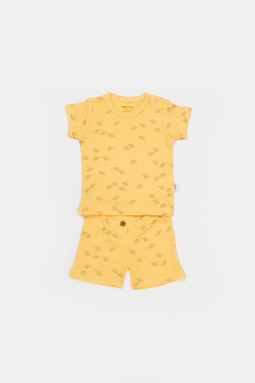 Set tricou cu pantaloni Printed, galben, BabyCosy, 50%bumbac+50% modal
