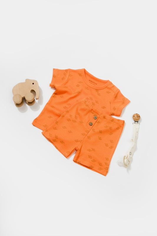 Set tricou cu pantaloni Printed, portocaliu, BabyCosy, 50%bumbac+50% modal