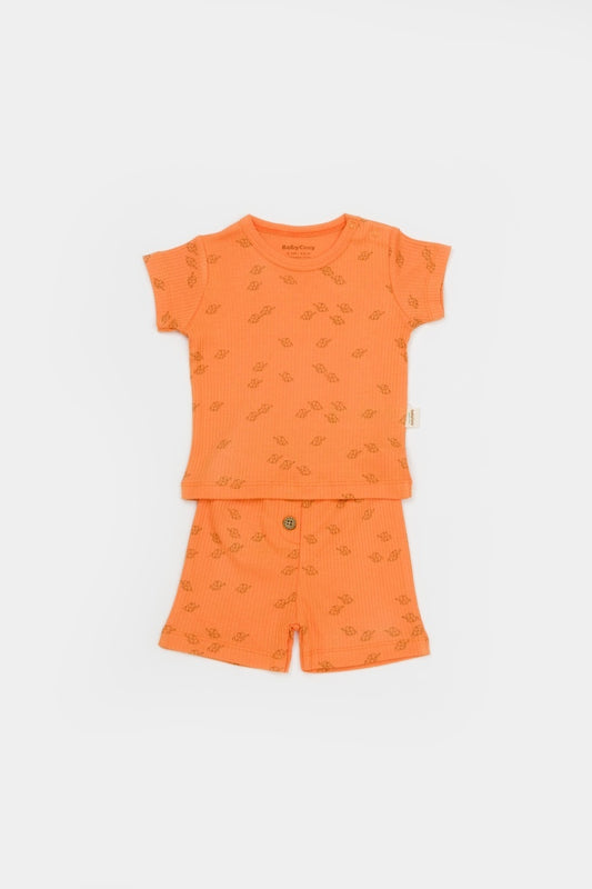 Set tricou cu pantaloni Printed, portocaliu, BabyCosy, 50%bumbac+50% modal - Pantaloni scurti, Tricou