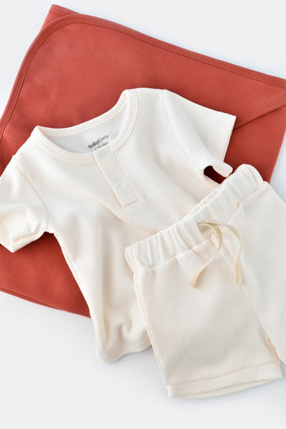 Set tricou cu pantaloni scurti - 100% bumbac organic - Ecru, BabyCosy