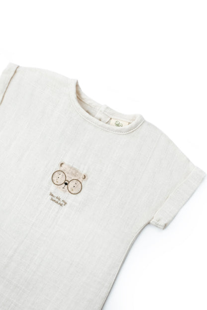 Set tricou ecru cu pantaloni scurti TeddyBear, 100% bumbac organic, BabyCosy