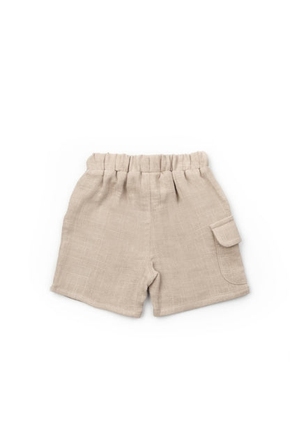 Set tricou ecru cu pantaloni scurti TeddyBear, 100% bumbac organic, BabyCosy