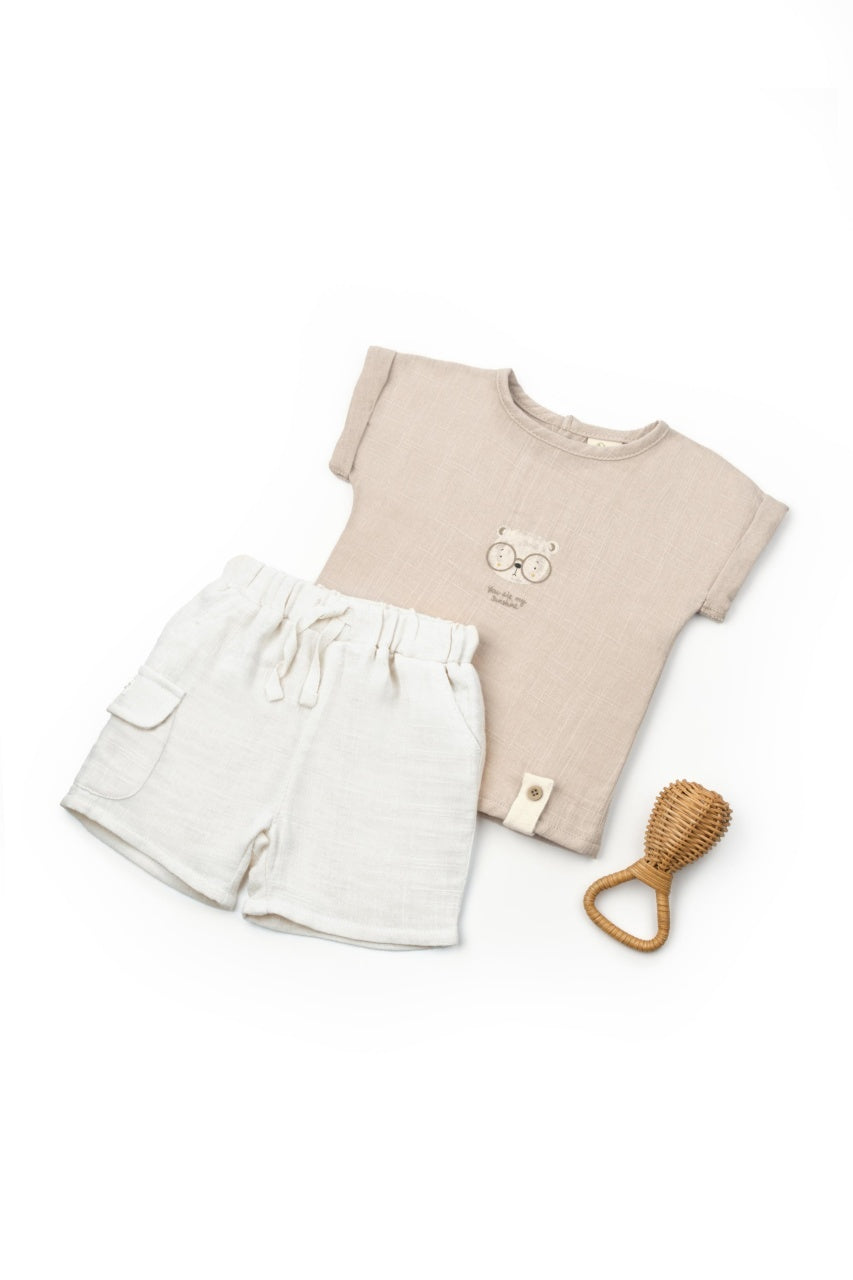 Set tricou maro cu pantaloni scurti TeddyBear, 100% bumbac organic, BabyCosy