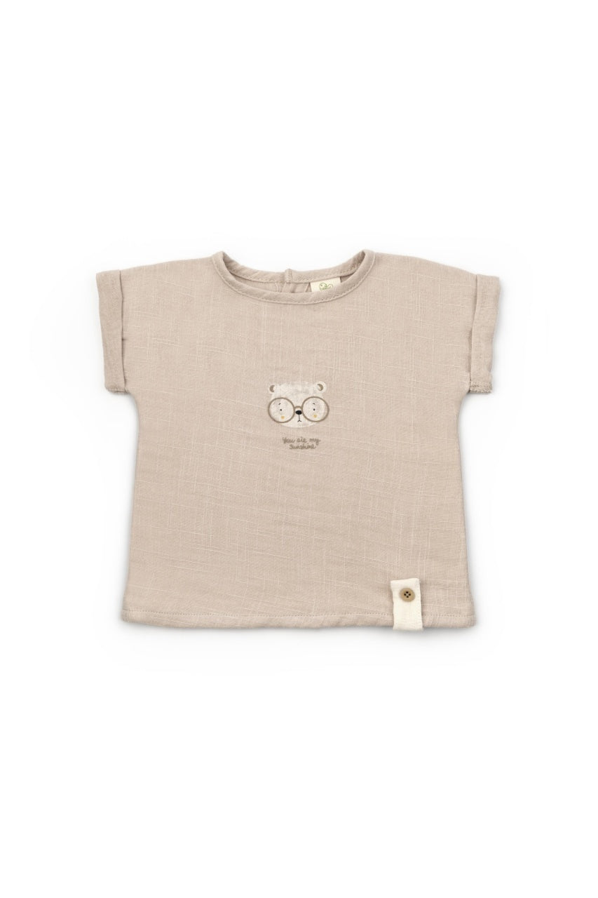 Set tricou maro cu pantaloni scurti TeddyBear, 100% bumbac organic, BabyCosy