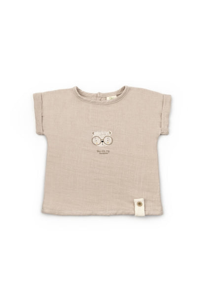 Set tricou maro cu pantaloni scurti TeddyBear, 100% bumbac organic, BabyCosy