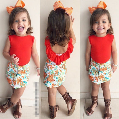 Set tricou rosu cu volanas si fusta cu floricele Drool
