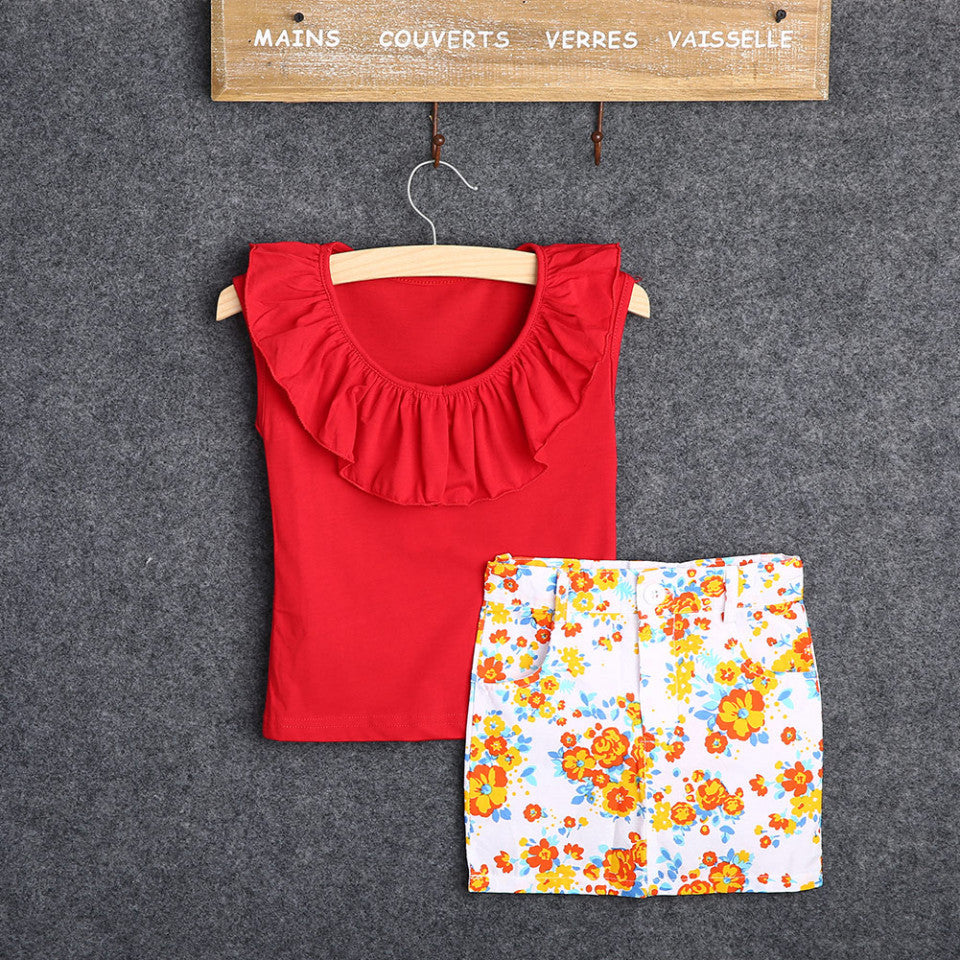 Set tricou rosu cu volanas si fusta cu floricele Drool