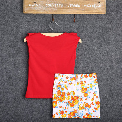 Set tricou rosu cu volanas si fusta cu floricele Drool