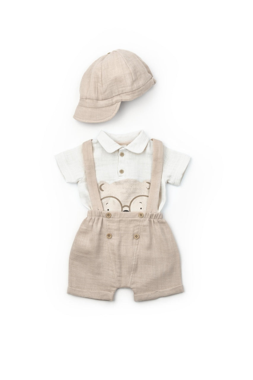 Set tricou, salopeta si sapca TeddyBear, 100% bumbac organic, BabyCosy