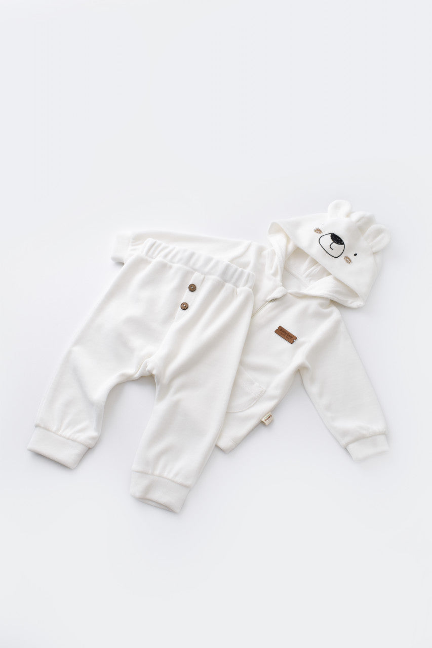 Set Ursulet cu bluzita cu fermoar si gluga si pantaloni lungi din 80%bumbac organic si 20% poliester - Ecru, BabyCosy