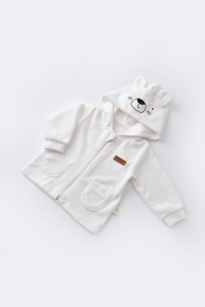 Set Ursulet cu bluzita cu fermoar si gluga si pantaloni lungi din 80%bumbac organic si 20% poliester - Ecru, BabyCosy