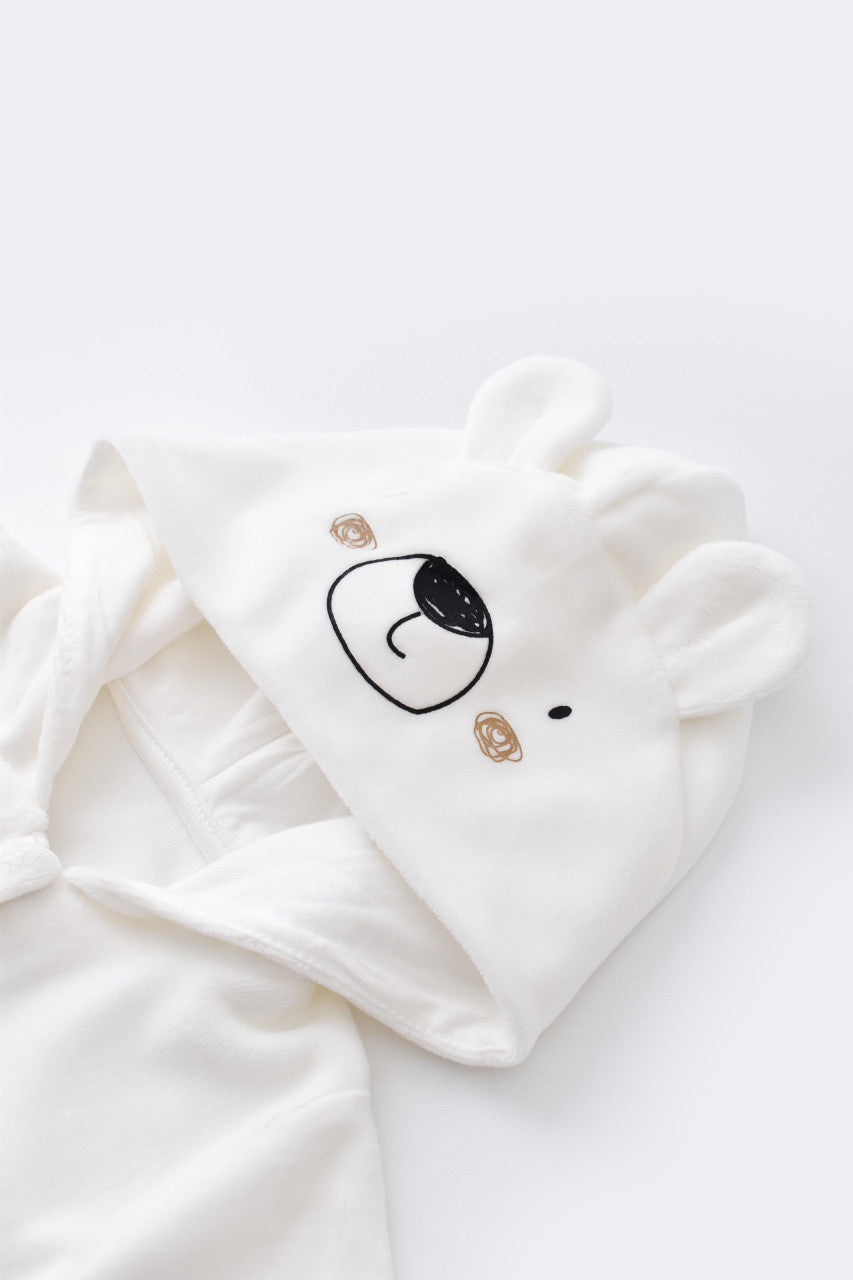 Set Ursulet cu bluzita cu fermoar si gluga si pantaloni lungi din 80%bumbac organic si 20% poliester - Ecru, BabyCosy