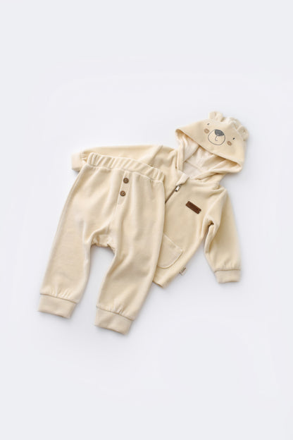 Set Ursulet cu bluzita cu fermoar si gluga si pantaloni lungi din 80%bumbac organic si 20% poliester - Crem, BabyCosy