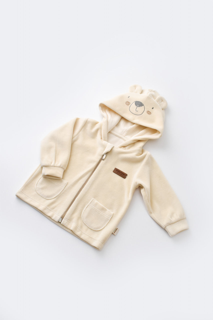 Set Ursulet cu bluzita cu fermoar si gluga si pantaloni lungi din 80%bumbac organic si 20% poliester - Crem, BabyCosy