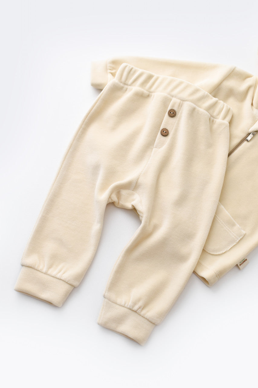 Set Ursulet cu bluzita cu fermoar si gluga si pantaloni lungi din 80%bumbac organic si 20% poliester - Crem, BabyCosy