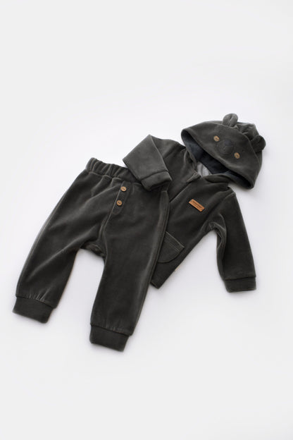 Set Ursulet cu bluzita cu fermoar si gluga si pantaloni lungi din 80%bumbac organic si 20% poliester - Antracit, BabyCosy