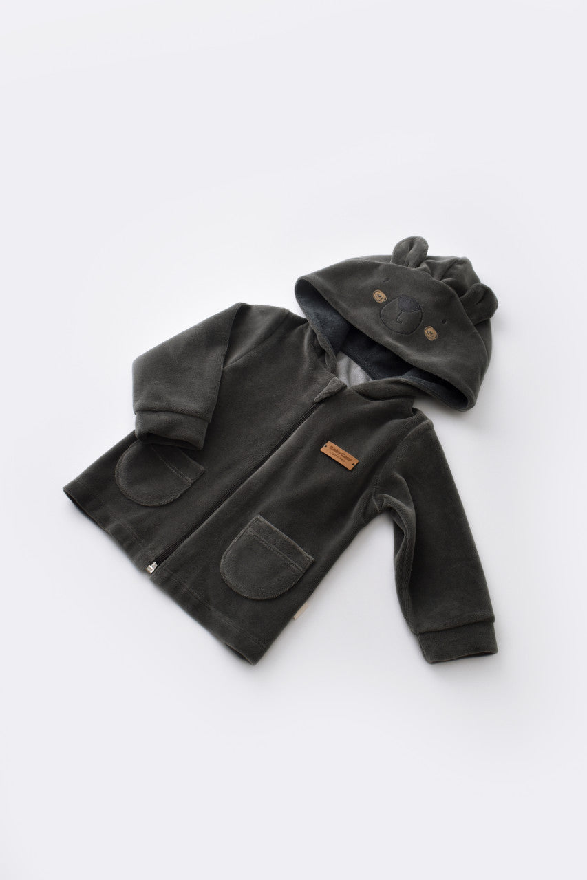 Set Ursulet cu bluzita cu fermoar si gluga si pantaloni lungi din 80%bumbac organic si 20% poliester - Antracit, BabyCosy