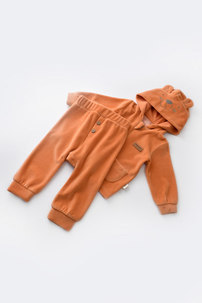 Set Ursulet cu bluzita cu fermoar si gluga si pantaloni lungi din 80%bumbac organic si 20% poliester - Portocaliu, BabyCosy