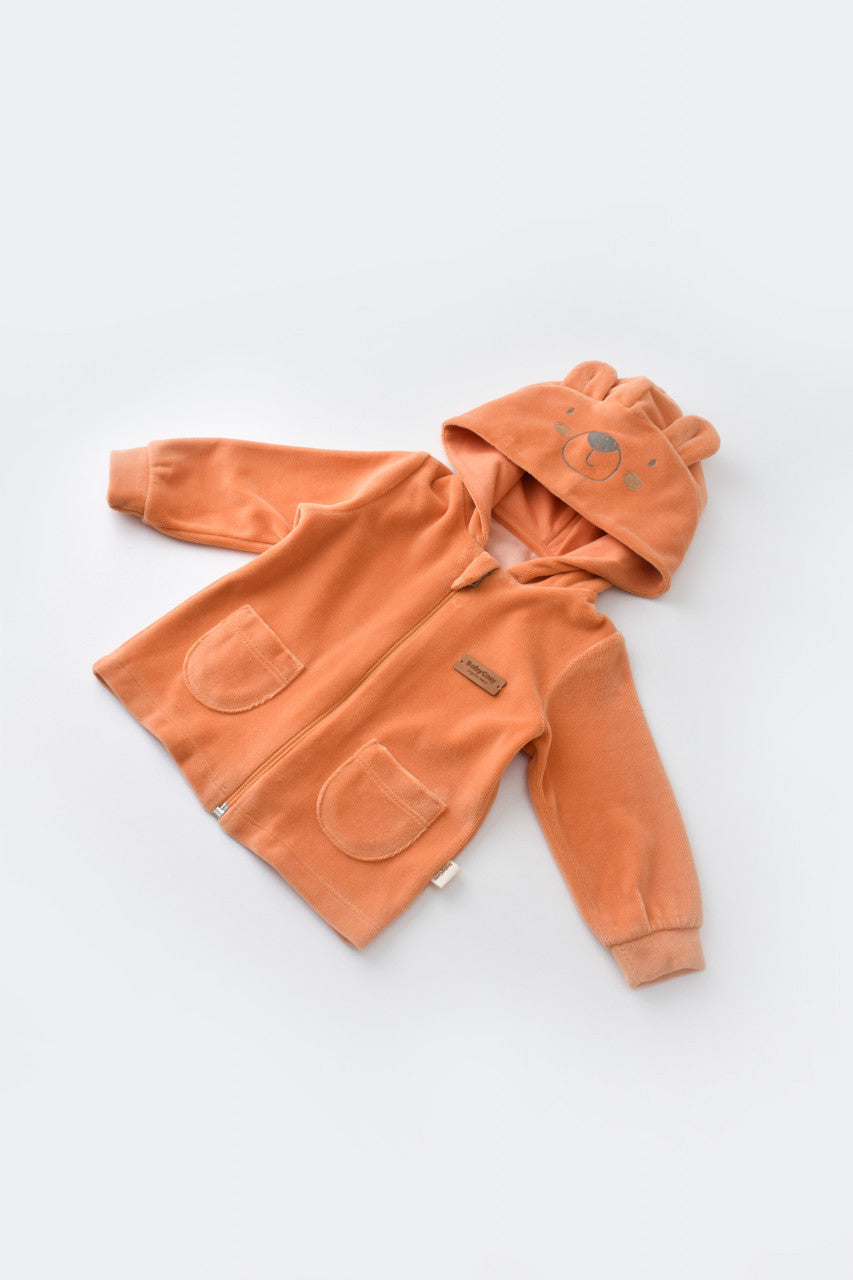 Set Ursulet cu bluzita cu fermoar si gluga si pantaloni lungi din 80%bumbac organic si 20% poliester - Portocaliu, BabyCosy