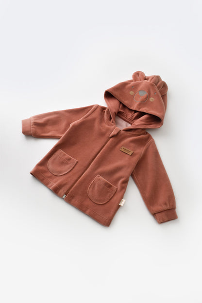 Set Ursulet cu bluzita cu fermoar si gluga si pantaloni lungi din 80%bumbac organic si 20% poliester - Caramiziu, BabyCosy